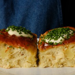 Potato Buns with Honey Mustard Glaze, Herbs and a Sour Cream Blob