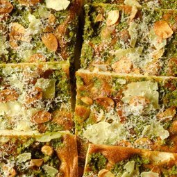 Pesto, Roasted Garlic Chips & Pecorino Focaccia Slab