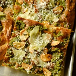 Pesto, Roasted Garlic Chips & Pecorino Focaccia Slab