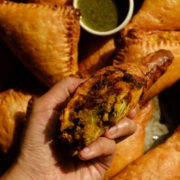 Beef Hand Pie Samosa with a Bright Green Chutney