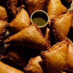 Beef Hand Pie Samosa with a Bright Green Chutney