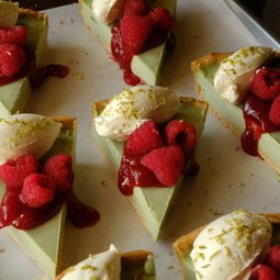 Pistachio Tart wth Raspberry Coulis & Cream